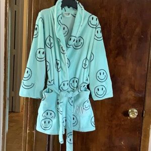 VS PINK Aqua Smiley Face Fuzzy Bathrobe